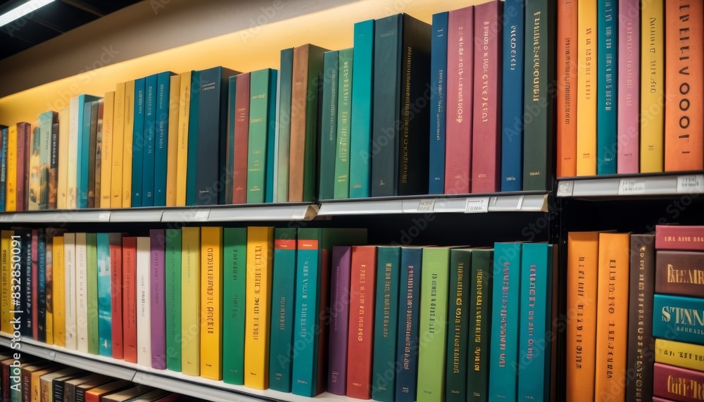 Poster a view of colorful bookshelves full of various books, neatly organized in a modern library environme
