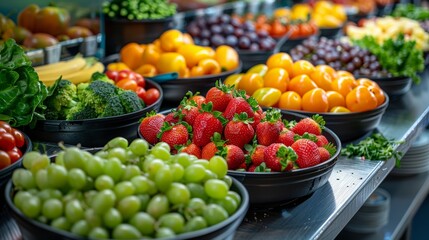 school cafeteria counter featuring fresh fruits and veggies promotes healthy eating, echoing the school lunch concept and encouraging nutritious choices