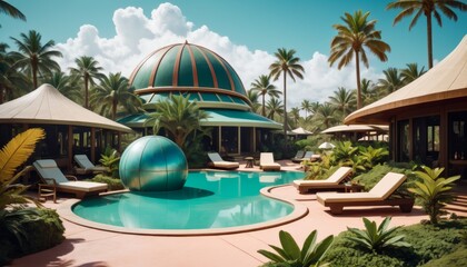 A serene luxury resort pool surrounded by lush palms and featuring a striking geometric dome structure, reflecting calm turquoise waters.. AI Generation