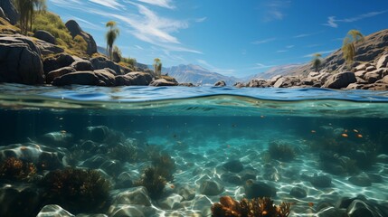 Half-Submerged View of a Tranquil Coastal Landscape with Clear Waters and Rocky Terrain - Powered by Adobe