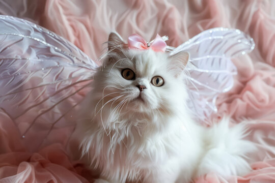 white persian cat dressed in a fairy costume with delicate pink wings and bow