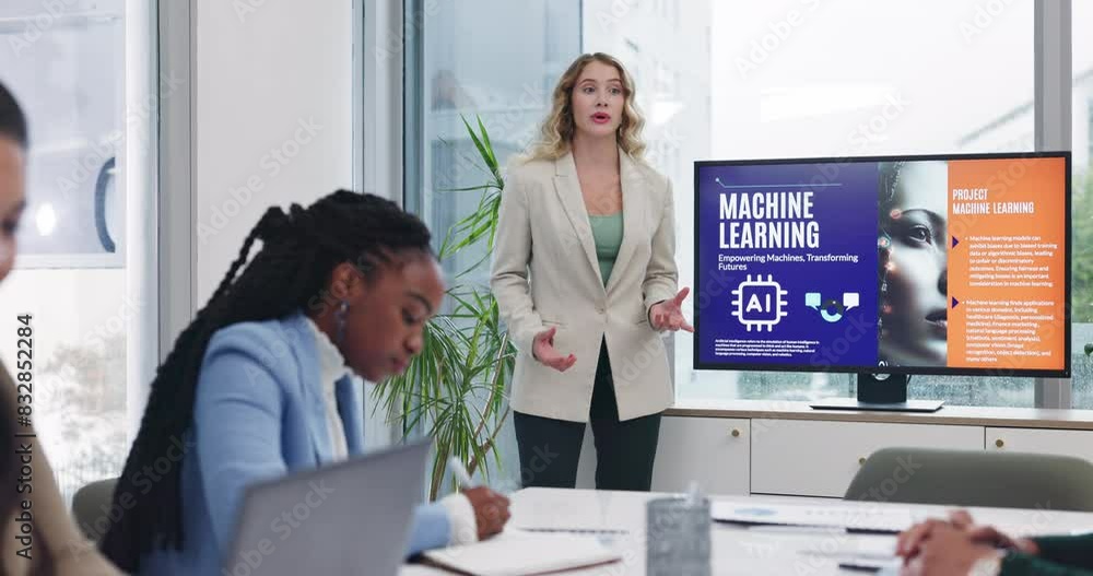 Poster business people, presenter and screen meeting presentation for information and discussion on machine