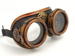 The eyeglasses are made of metal and have a vintage look. They are designed to look like a pair of old-fashioned goggles