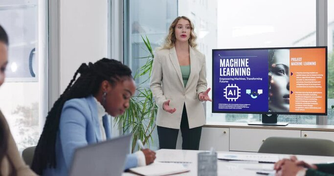 Business people, presenter and screen meeting presentation for information and discussion on machine learning. Female person or leader and team briefing for communication on ai and tech innovation