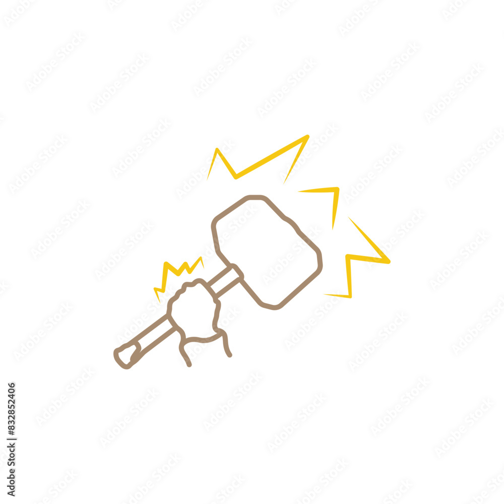 Poster hand with hammer vector. hammer in hand icon with sparkles. hammer symbol of strength and power vect