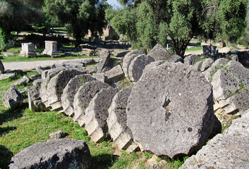 Ruins of the Temple of Zeus in Olympia, Greece, it was built in the Doric style in the second...