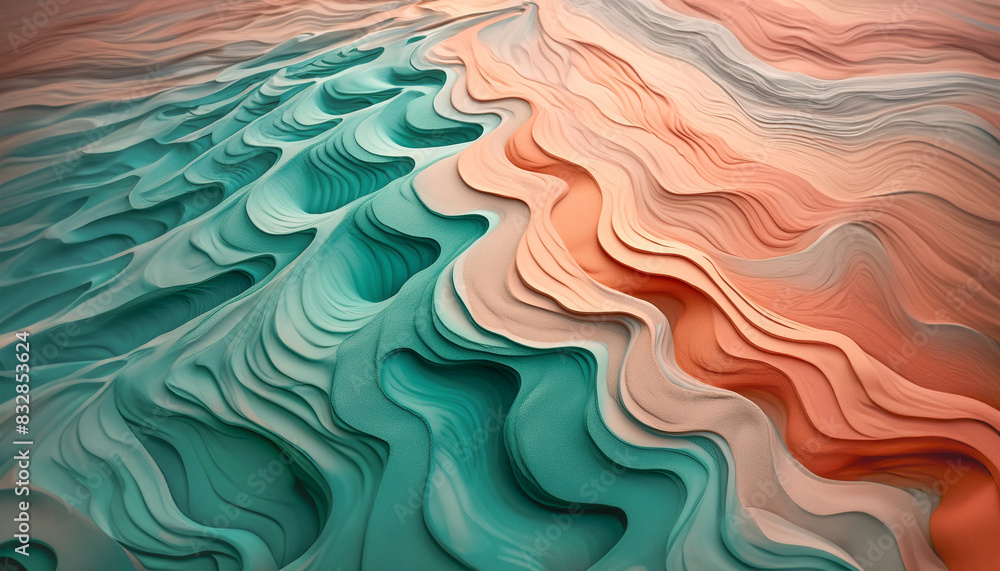Poster detailed view of a wave-like pattern created by layered gradient turquoise and peach color paper she