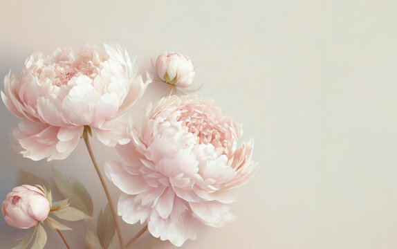 Illutration of spring peones flowers on pink background top view in flat lay style. Greeting card for Womens, Mothers Day, wedding invitation or Spring Sale Banner. Generative AI.