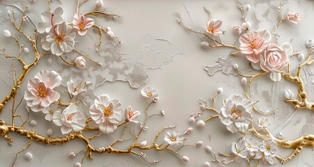 Volumetric Japanese patterns with gold elements and flowers.