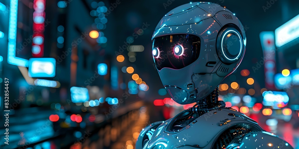 Poster futuristic robot with illuminated eyes standing in a neon-lit urban environment at night, symbolizin