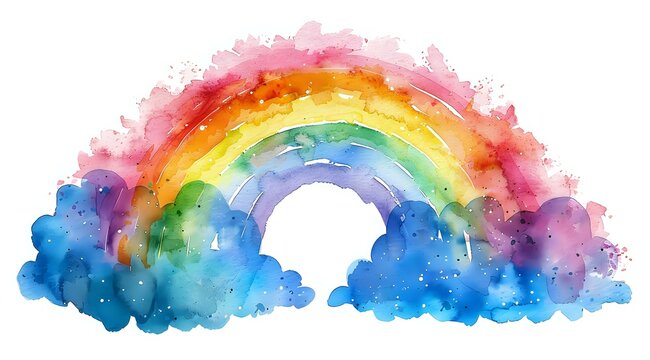 Watercolor painting of a vibrant rainbow arching over blue clouds, showcasing a dreamy and colorful scene. Perfect for art blogs, inspirational content, and design projects.