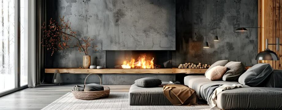 Grey daybed sofa against fireplace. Rustic scandinavian home interior design of modern living room, Seamless looping time-lapse virtual 4k video animation background