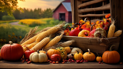 A basket of fall vegetables including pumpkins, squash, and corn - Powered by Adobe