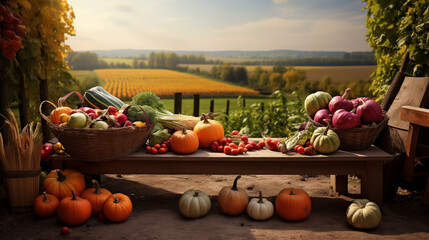 A table full of vegetables including pumpkins, squash, and tomatoes - Powered by Adobe