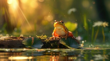 Frog sitting on a log in the water in the sun. - Powered by Adobe