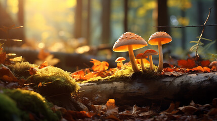 A group of mushrooms are growing on a log in the woods - Powered by Adobe