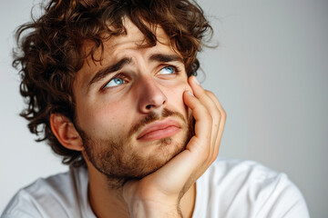 Pensive Young Man With Curly Hair Sitting Indoors During Daytime