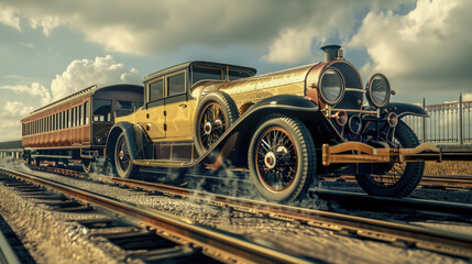 An old-fashioned car is parked on a set of train tracks, creating a nostalgic and unusual scene