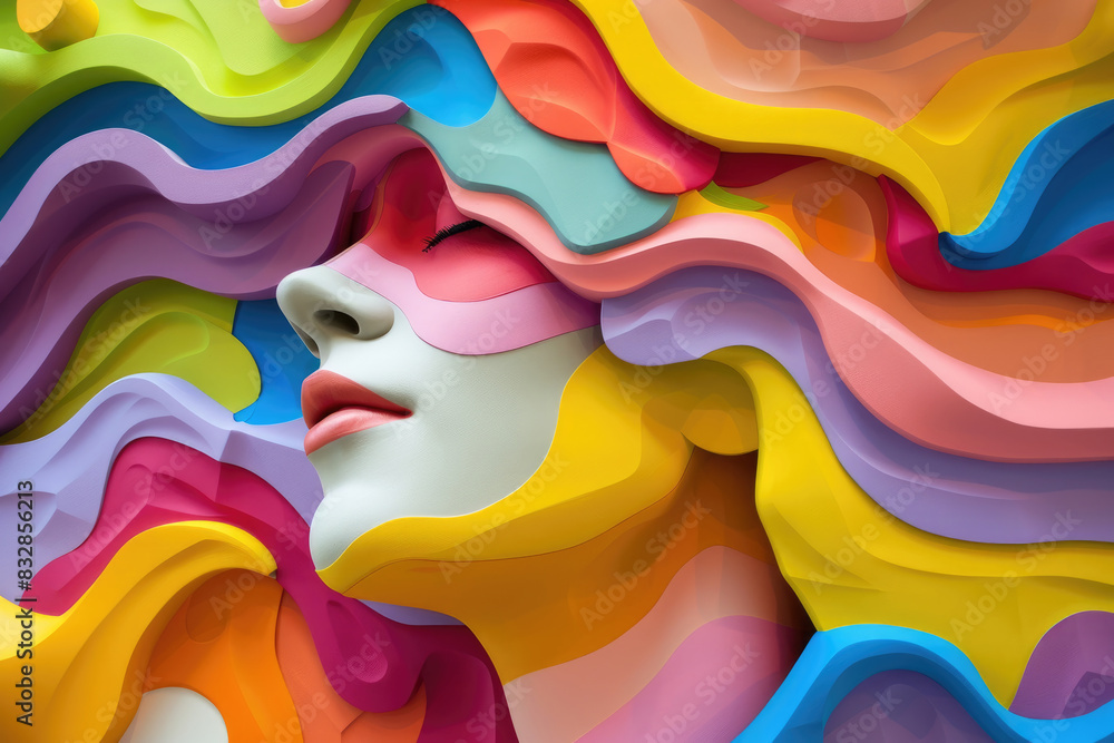 Poster a colorful, abstract representation of a human face with intricate layers of vibrant hues displayed 
