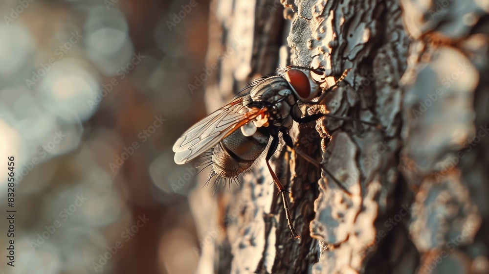 Poster an image showing a fly resting on a tree bark