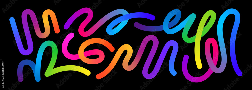 Poster Set of Gradient Lines in Doodle Style. Abstract 3d Graphic Design Elements. Vector Color Squiggle Shapes