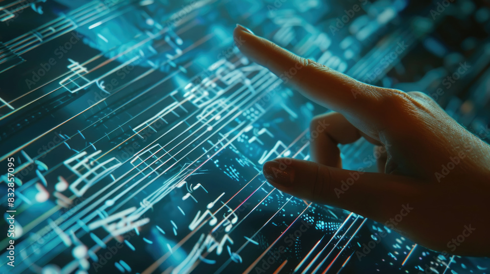 Poster a human hand with an index finger pointing at a glowing digital screen displaying information
