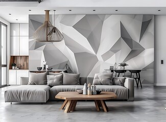 Modern living room with a gray sofa and wooden coffee table, white walls, a large geometric 