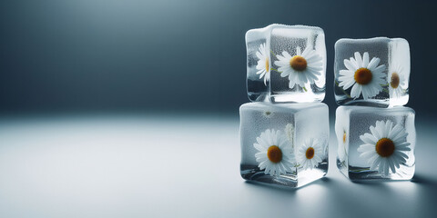 Ice cubes arranged on a table with daisies, creating a refreshing and floral aesthetic for your design project