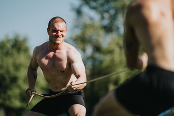 Two fit, shirtless men competing in a vigorous tug of war match outdoors on a sunny day, showcasing strength and determination.
