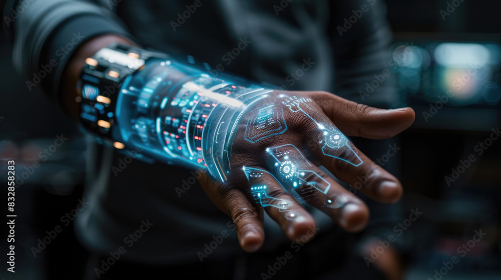 Poster a person uses a holographic virtual interface projected on their hand in a high-tech laboratory sett