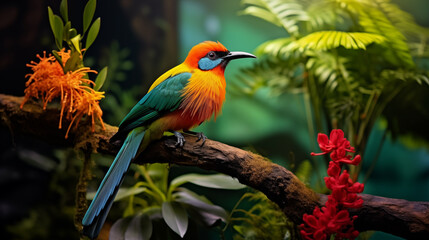 Fototapeta premium A colorful bird is perched on a branch in a lush green forest