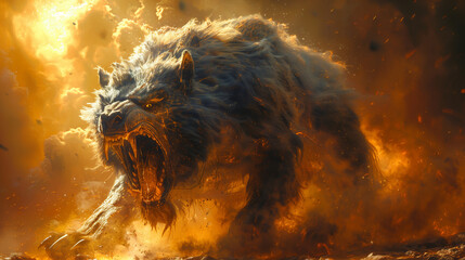  ferocious wolf-like demon with fiery surroundings, roaring in an apocalyptic landscape