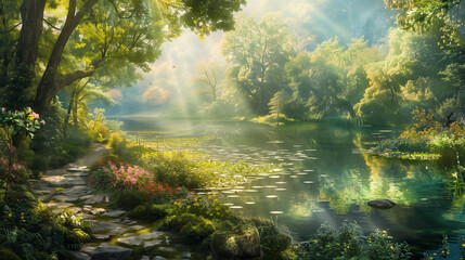 Fototapeta premium Immerse yourself in the serene beauty of a forest morning, where the first light of day gently filters through the tall, ancient trees. The forest awakens in a peaceful symphony of birdsong.