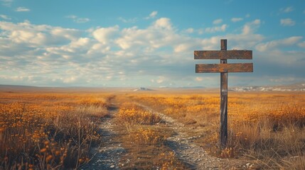 wild west signpost, weathered wooden signpost amid vast prairie, with wild west nature backdrop, showcasing various directions in rustic style