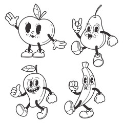 Retro illustration of fruits characters outluine art
