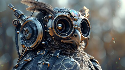 A robotic owl with metallic headphones