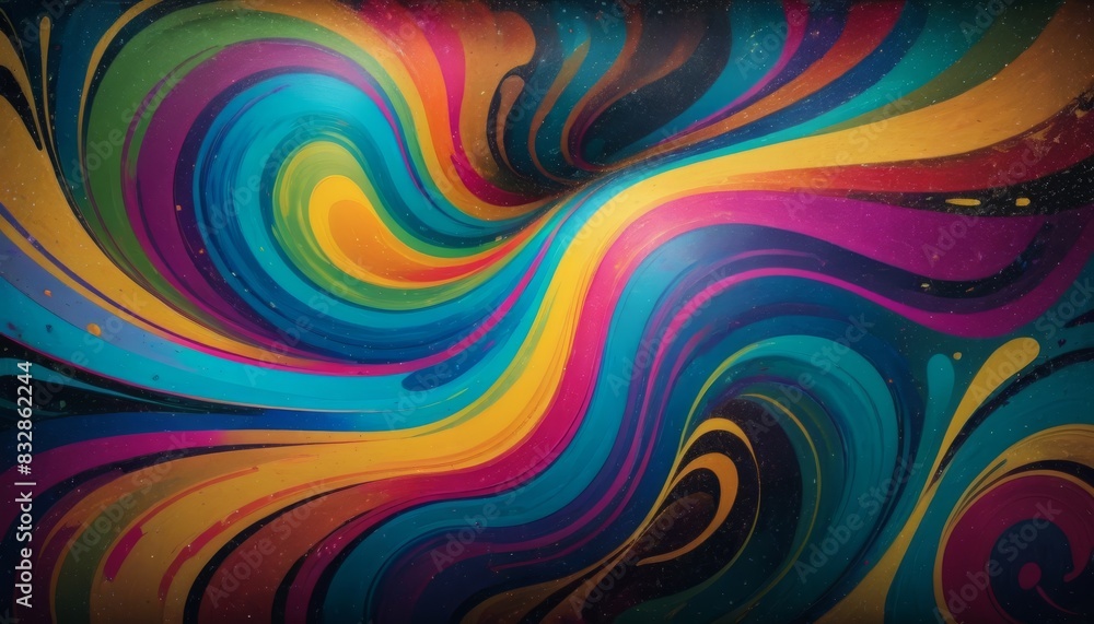 Poster a vibrant abstract painting featuring swirling patterns of multiple colors against a dark background