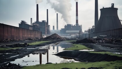 Obraz premium A grim industrial landscape with towering smokestacks emitting fumes against a hazy sky, reflecting in a polluted water body in the foreground.. AI Generation