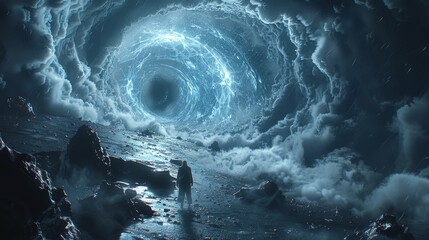 A man walks through a futuristic space-time portal in the dark, a person stands against a whirlpool...