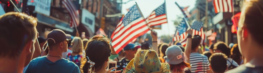 A crowd of people holding American flags in the street during a 4th of July parade, an American flag waving in the background on a sunny day, independence day