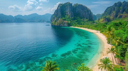 An idyllic tropical island with beautiful sea beaches, green mountains, and blue water. Theme of shells, travel, waterfalls, vacation, resort, and natural beauty.