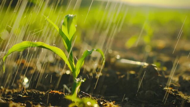 A stalk of young corn on a plantation field is watered. Corn seedling under raindrops on a bright sunny day. Agribusiness concept industrial corn field under summer rain