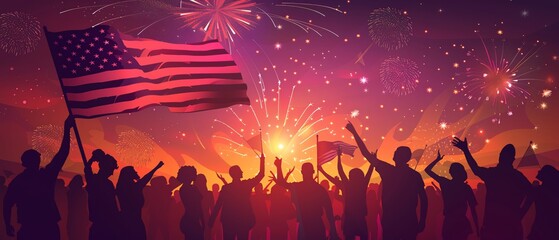 A group of people holding an American flag with fireworks in the background, in the silhouette illustration style, with colorful smoke and a dark purple sky, independence day