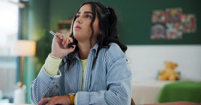 Thinking, student and writing or study in home for university exams, test and academic assignment. Girl, remember and brainstorm for learning, homework and education with question in bedroom