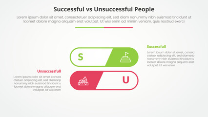 successful vs unsuccessful comparison opposite infographic concept for slide presentation with round outline stack shape with flat style