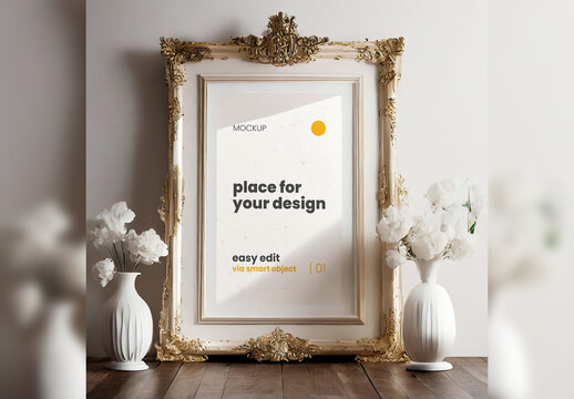 Elegant Baroque Poster Frame Mockup with Subtle Light 06 Generative Ai