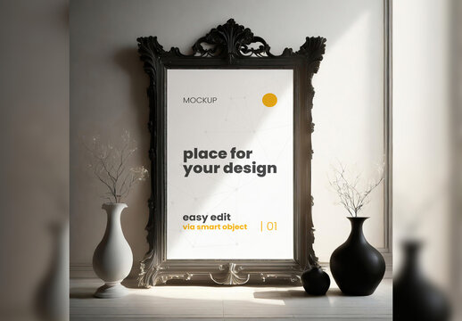 Elegant Baroque Poster Frame Mockup with Subtle Light 04 Generative Ai