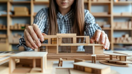 Woman presenting modern house model, symbolizing dreams of homeownership and real estate investment