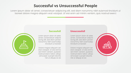 successful vs unsuccessful comparison opposite infographic concept for slide presentation with big box table and circle badge on side with flat style