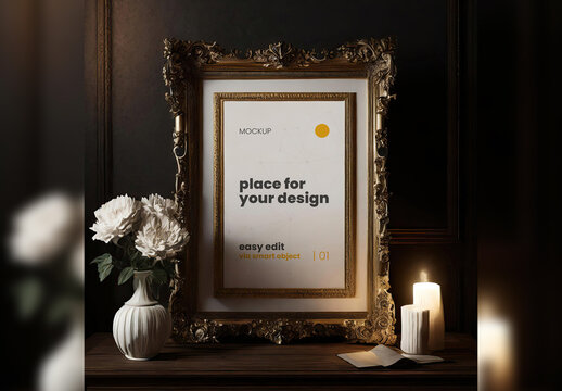 Elegant Baroque Poster Frame Mockup with Subtle Light 07 Generative Ai